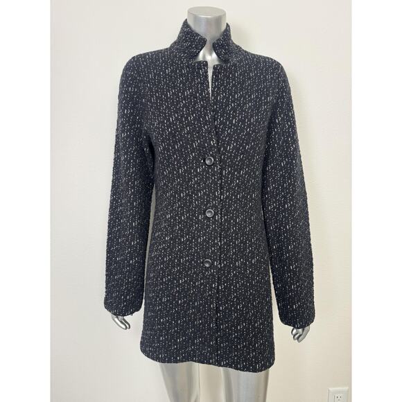 Wool Cashmere Sweater Coat Black White Boucle Button Front Damask M - Picture 12 of 12